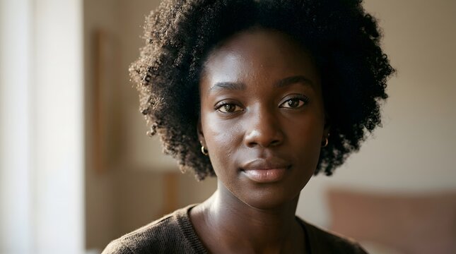 Close-up portrait of a beautiful young Black African woman with deep dark skin, natural curly hair, warm brown eyes, subtle makeup, looking directly at the camera with a confident expression.