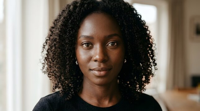 Close-up portrait of a beautiful young Black African woman with deep dark skin, natural curly hair, warm brown eyes, subtle makeup, looking directly at the camera with a confident expression.