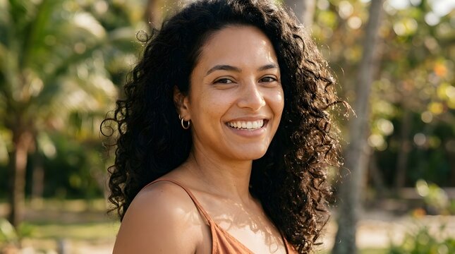 Close-up portrait of a beautiful Brazilian woman with medium tan skin, dark curly hair, warm brown eyes, expressive joyful smile, natural makeup, sun-kissed skin, tropical soft daylight.
