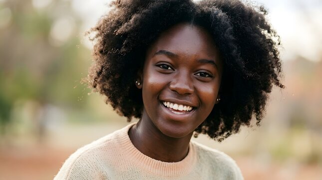 Close-up portrait of a beautiful Black teenage girl with rich dark skin, natural afro hair, bright expressive eyes, joyful authentic smile, minimal styling, soft daylight, clean pastel background.