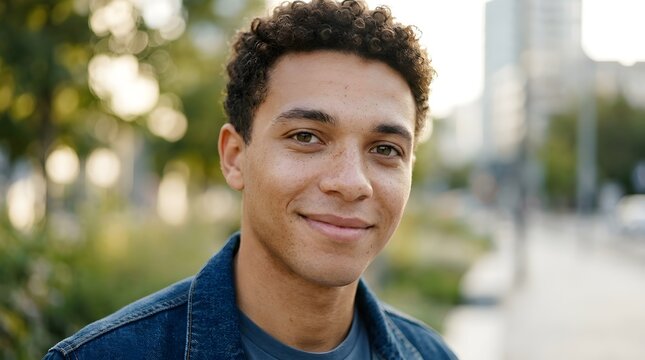 Close-up portrait of a young mixed-ethnicity man with light brown skin, short curly hair, visible natural freckles, hazel eyes, relaxed friendly smile, natural daylight, realistic skin texture.