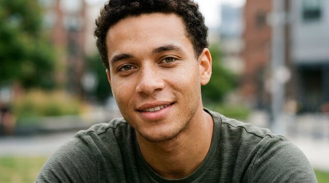 Close-up portrait of a young mixed-ethnicity man with light brown skin, short curly hair, visible natural freckles, hazel eyes, relaxed friendly smile, natural daylight, realistic skin texture.