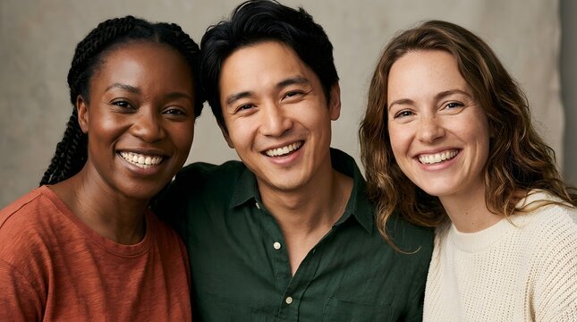 Close-up editorial composition featuring three different people from African, Asian and European backgrounds, diverse skin tones, distinct facial features, authentic smiles.