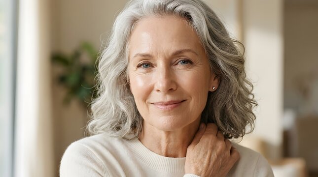Close-up portrait of a sophisticated elderly Caucasian woman with naturally silver-gray hair, fair skin, blue eyes, subtle wrinkles, elegant authentic smile, natural makeup.