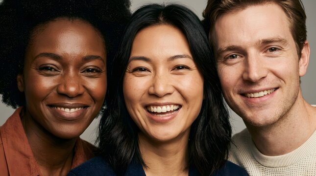 Close-up editorial composition featuring three different people from African, Asian and European backgrounds, diverse skin tones, distinct facial features, authentic smiles.