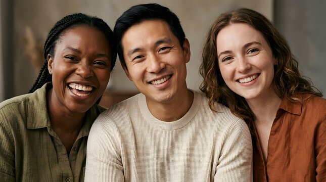 Close-up editorial composition featuring three different people from African, Asian and European backgrounds, diverse skin tones, distinct facial features, authentic smiles.