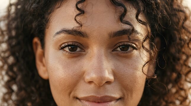 Extreme close-up portrait of a beautiful young woman with mixed ethnic heritage, warm caramel skin, dark expressive eyes, natural curly hair, subtle emotional smile.