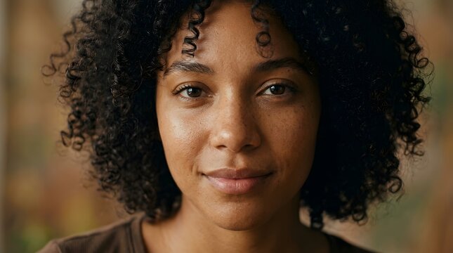 Extreme close-up portrait of a beautiful young woman with mixed ethnic heritage, warm caramel skin, dark expressive eyes, natural curly hair, subtle emotional smile.