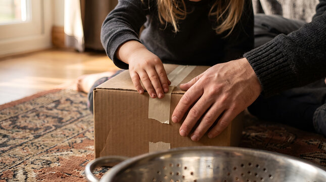 Child and adult hands sealing a cardboard box on a rug at home