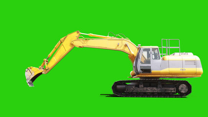 Heavy Tracked Excavator Digging with Bucket on Green Screen, Animated Hydraulic Arm and Construction Machinery. 3d rendering. © 3D motion