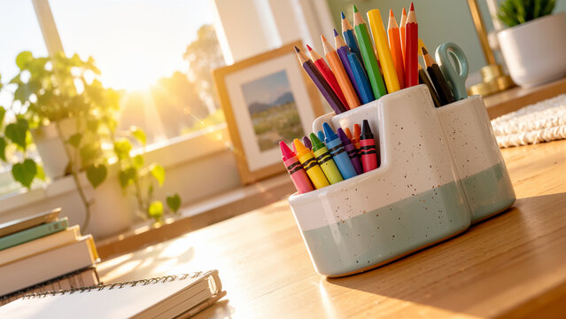 Ceramic Desk Organizer with Colored Pencils and Crayons on Wooden Table in Sunlight   