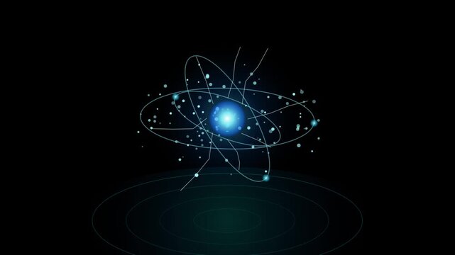 Abstract representation of an atom structure with glowing nucleus and orbital electrons floating in a digital environment for scientific research concepts