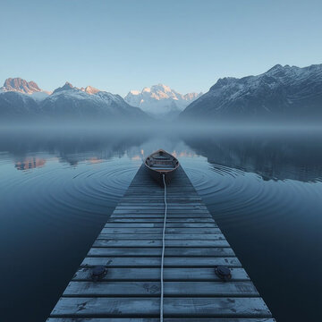 Misty alpine lake at sunrise with empty wooden rowboat.