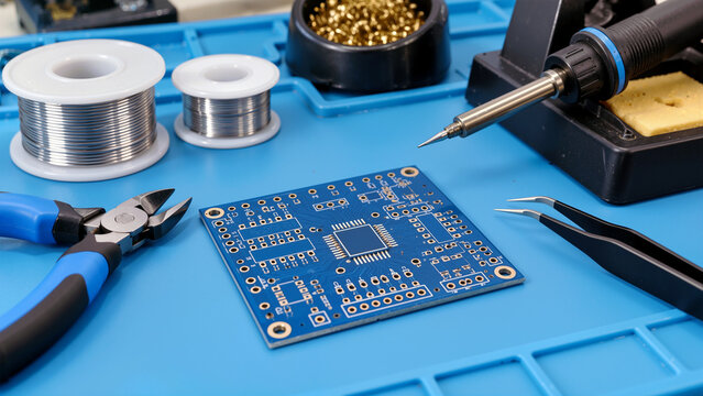 Electronics Soldering Workspace with Circuit Board, Soldering Iron, Solder Wire, Pliers, and Tweezers on Heat-Resistant Mat   