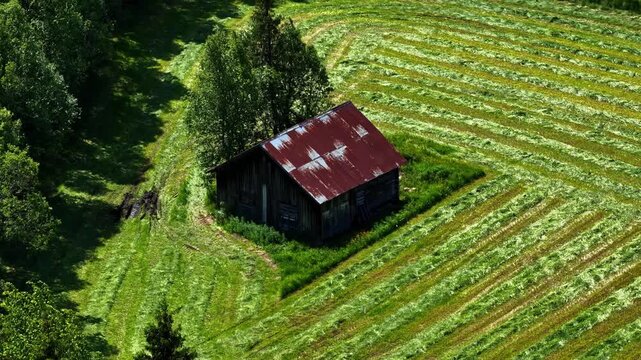 Aerial view of a small wooden cabin with a rusty red roof in a lush green field with mown grass patterns and surrounding trees in Norway.