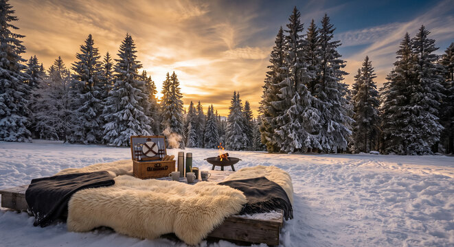 Cozy winter landscape featuring a warm fire pit and picnic setup on wooden platform in snowy forest at sunset. Winter travel, outdoor adventure, hygge lifestyle, seasonal tourism.