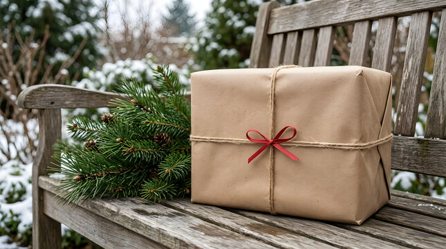 Wrapped gift box decorated with twine and red ribbon sitting on wooden park bench outside