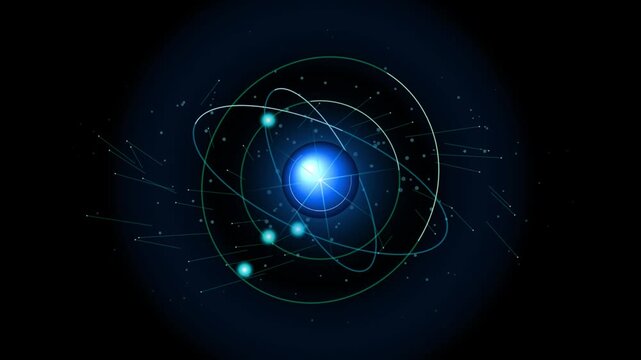 Abstract scientific illustration of a glowing atomic structure with orbiting particles and digital light trails representing physics energy and quantum technology concepts