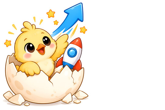 Cute baby chick startup mascot hatching from a cracked egg with a rocket and upward arrow, new business launch and fresh start concept, 2D vector illustration on white background