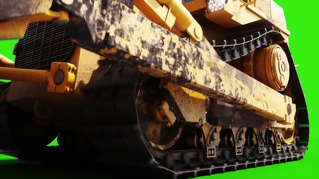 Heavy Tracked Bulldozer with Front Blade Moving on Green Screen, Animated Construction Machinery and Crawler Tracks.