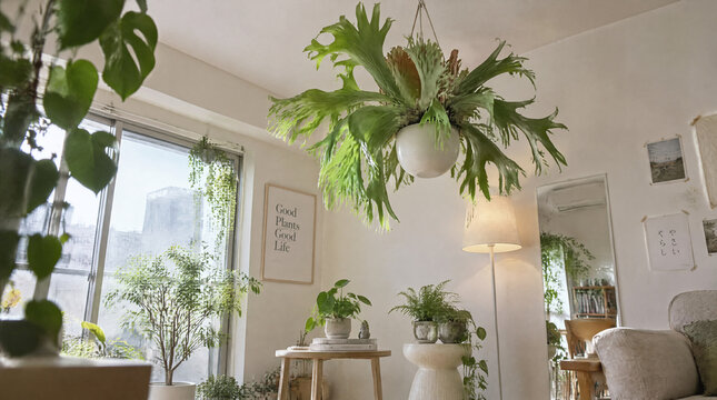 観葉植物に囲まれた明るいおしゃれなリビングルーム