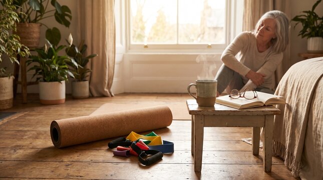 Healthy Aging Wellness Concept with Yoga Mat, Resistance Bands and Herbal Tea in Warm Natural Light