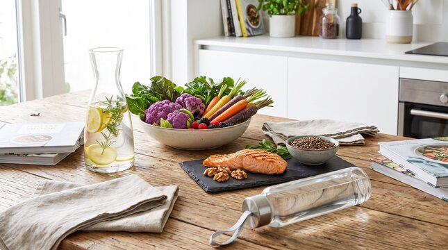 Longevity Nutrition Scene with Colorful Vegetables, Protein Foods and Hydration Bottle