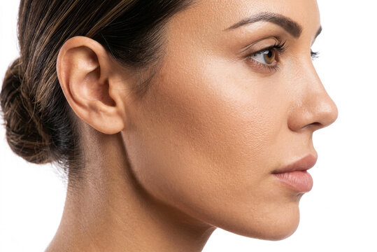 Close-up profile of a woman's face highlighting clear skin and facial features against a white background.