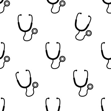 Seamless pattern of stethoscopes, medical background, black