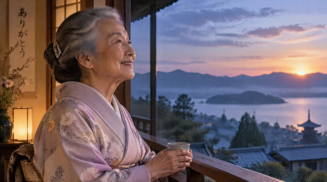 美しい夕日を眺める和服のシニア女性