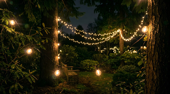 Glowing string lights hanging between dark trees in a lush garden during night time