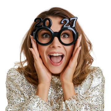 Middle age Caucasian woman with surprised expression, wearing 2027 glasses, isolated on white or transparent background