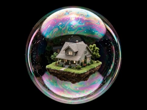 Conceptual image of a miniature house on a floating island inside a colorful iridescent soap bubble, representing the real estate market or housing bubble concept.