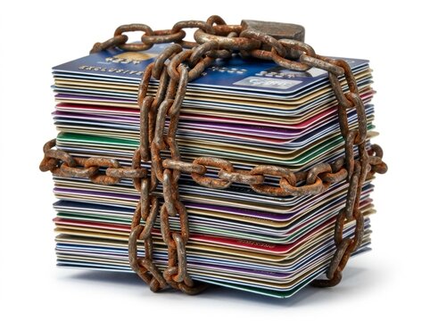 Stack of Credit Cards Wrapped in Rusty Chains with Padlock Representing Financial Security and Debt Concept