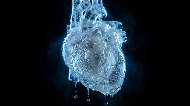 Conceptual Image of a Frozen Human Heart Made of Ice Melting Against a Black Background