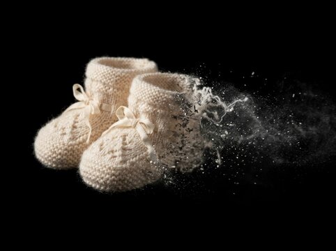 Hand-knitted white baby booties disintegrating into dust on a black background, representing infant loss, grief, and the fleeting nature of life.