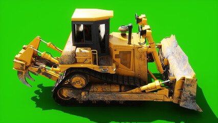 Heavy Tracked Bulldozer with Front Blade Moving on Green Screen, Animated Construction Machinery and Crawler Tracks. 3 rendering © 3D motion