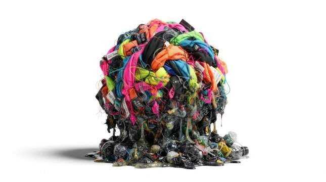 Conceptual sculpture of melting textile waste and colorful fabric scraps representing fast fashion pollution on a white background