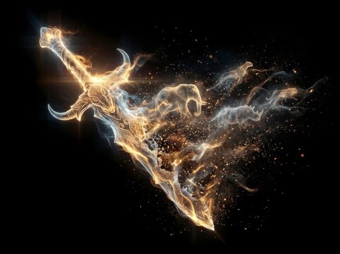 Fantasy Magical Sword with Ethereal Animal Spirits and Fiery Particles on Black Background