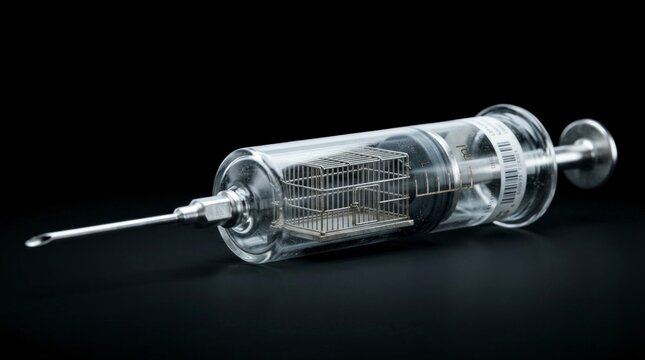 Conceptual image of a medical syringe with a small metal cage inside, symbolizing drug addiction and confinement on a dark background.