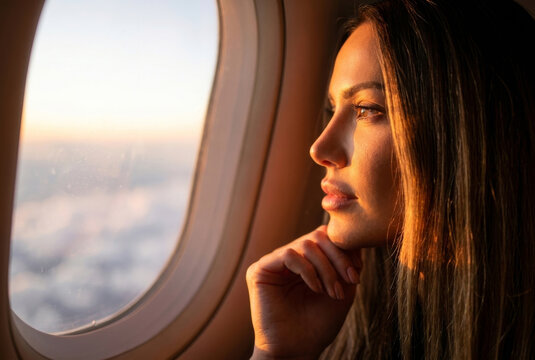 Young woman looking thoughtfully out of an airplane window during sunset light.