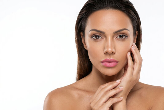 Beauty portrait of a beautiful woman touching her cheek against a white studio background.