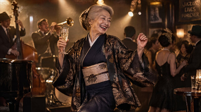 ジャズバーで着物を着て踊る高齢女性