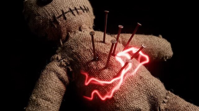 Sinister 4K Voodoo Doll with Rusty Nails Glowing with Red Mystical Magic Energy Against a Dark Haunting Background Horror Concept