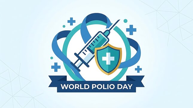 Vaccination syringe and protective shield surrounded by blue ribbons and medical crosses, minimal World Polio Day text