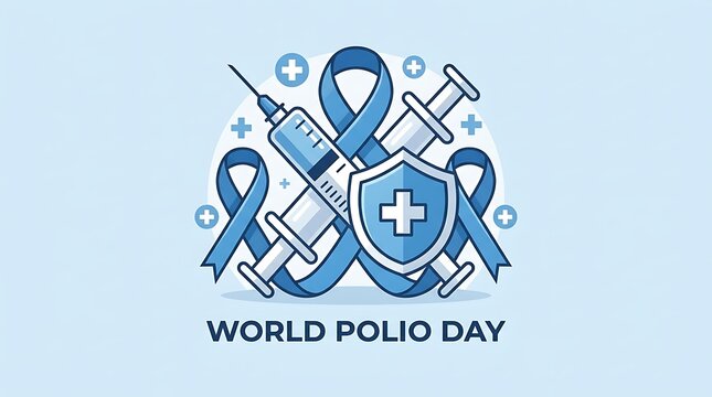 Vaccination Syringe with Protective Shield, Blue Awareness Ribbons and Medical Crosses, Global Immunization and Polio Prevention Concept