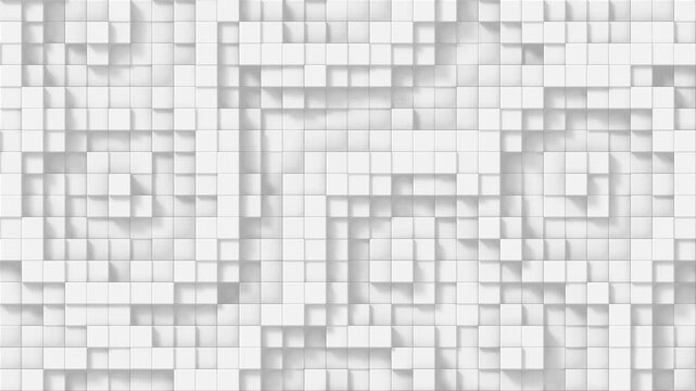 White cube grid moving in wave patterns, abstract minimalist background