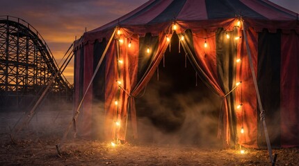 Deserted Carnival Tent at Halloween Night with Warm Glowing Lights © Shunlapatson