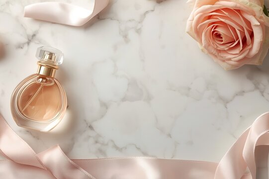 Elegant perfume bottle with pink rose and ribbon on clean marble surface