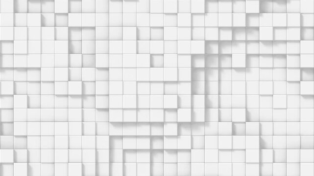 White cubic blocks moving vertically, abstract clean architectural structure, minimalist aesthetic